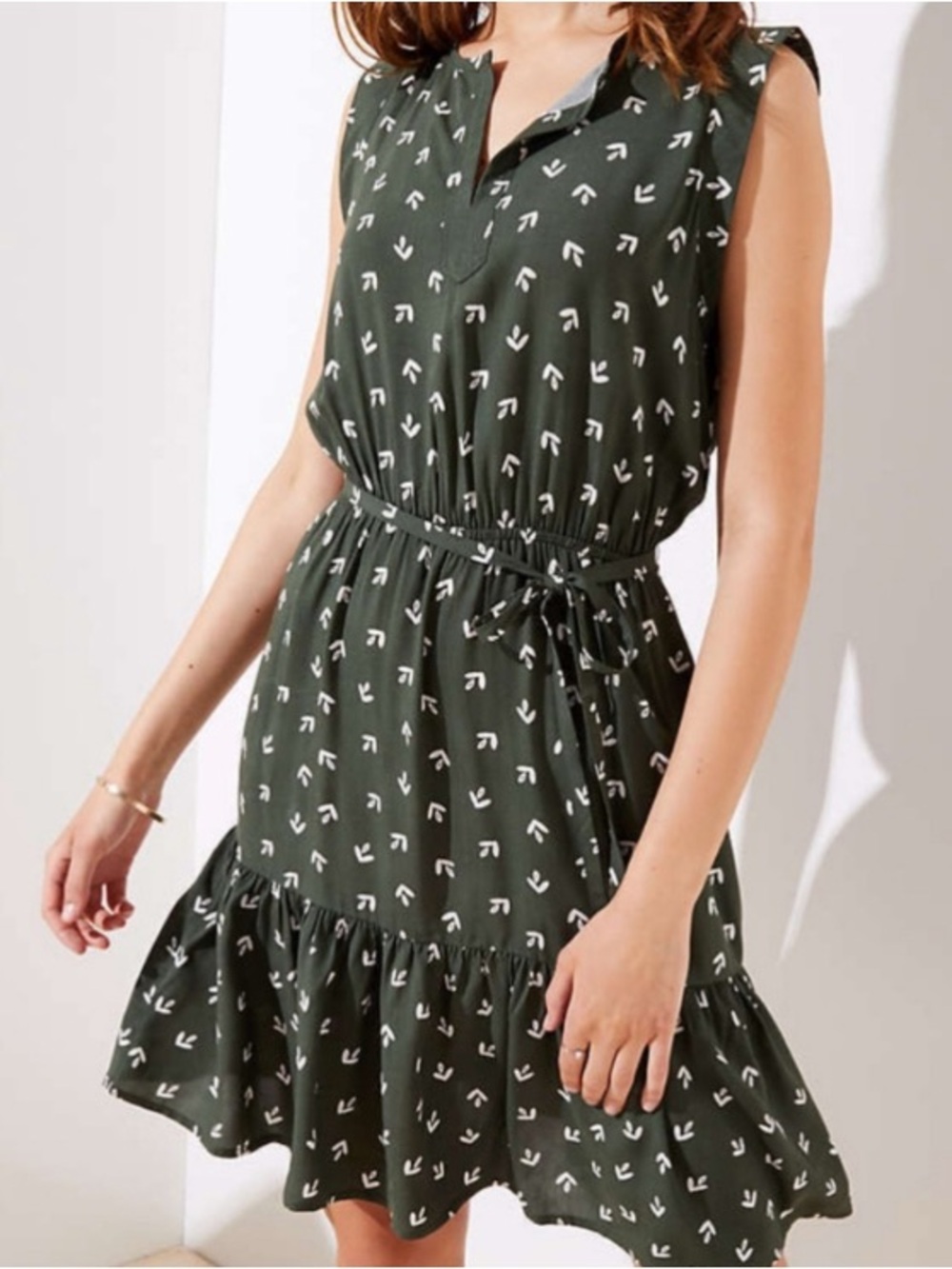 LOFT Olive Green Sleeveless Ruffled-Hem Mini Dress